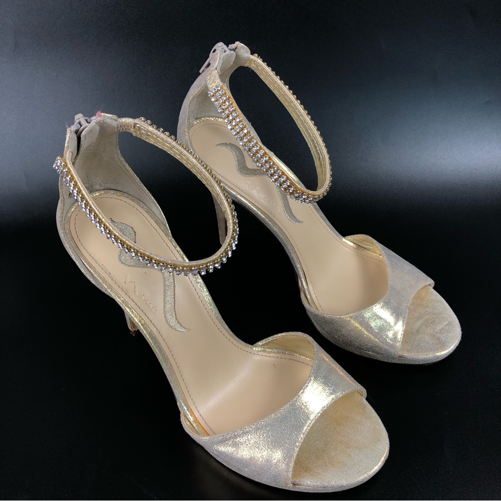Nina Women’s Sparkly And Metallic Gold Rhinestone Heel Sandals Size 7.5m